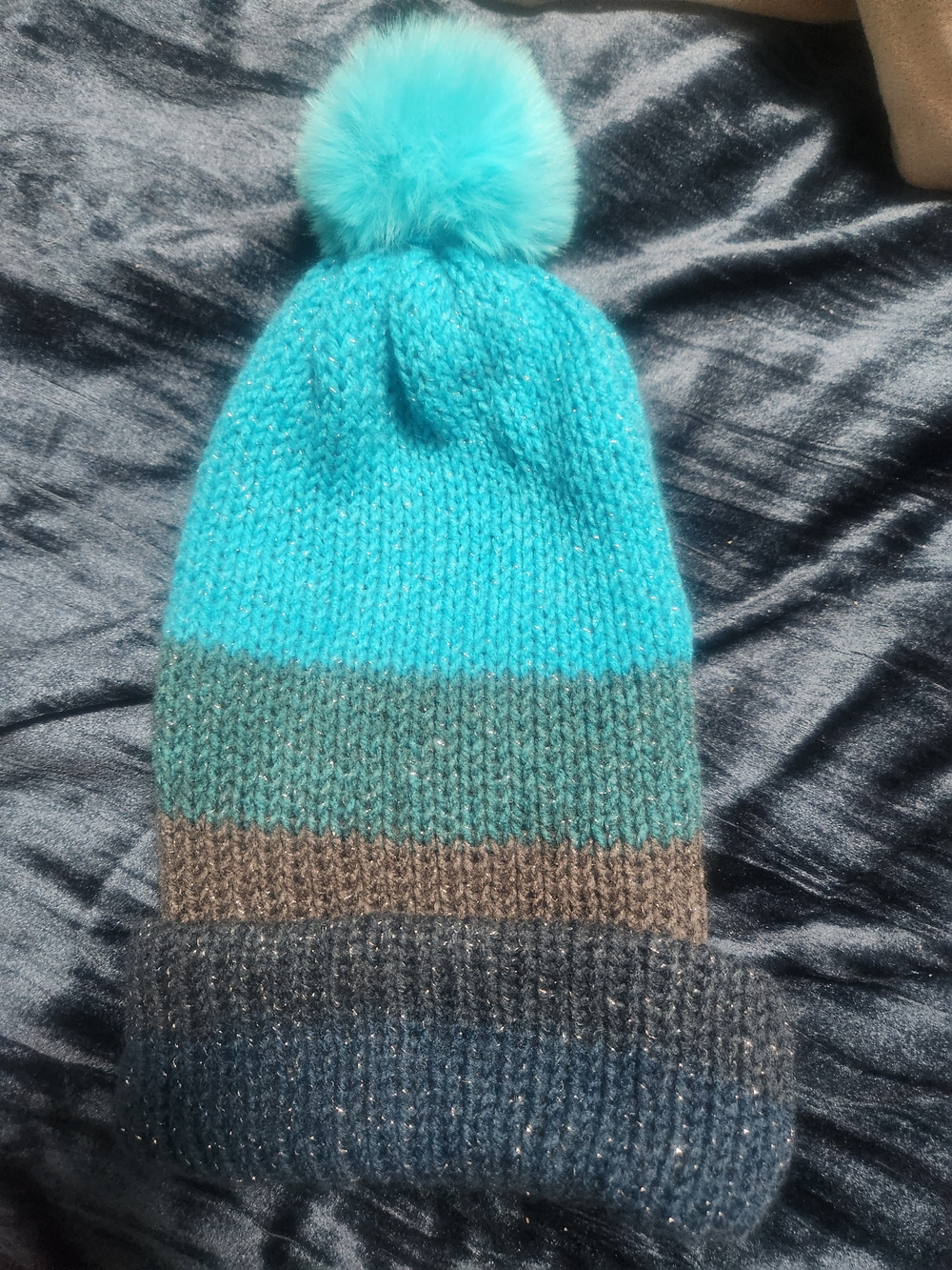 Adult Striped Pom Beanie Hat - Aqua Multicolor
